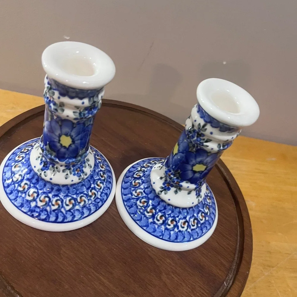 Vtg Polish Pottery Boleslawiec Unikat Blue Floral Candle Holders M Czonka Pair
